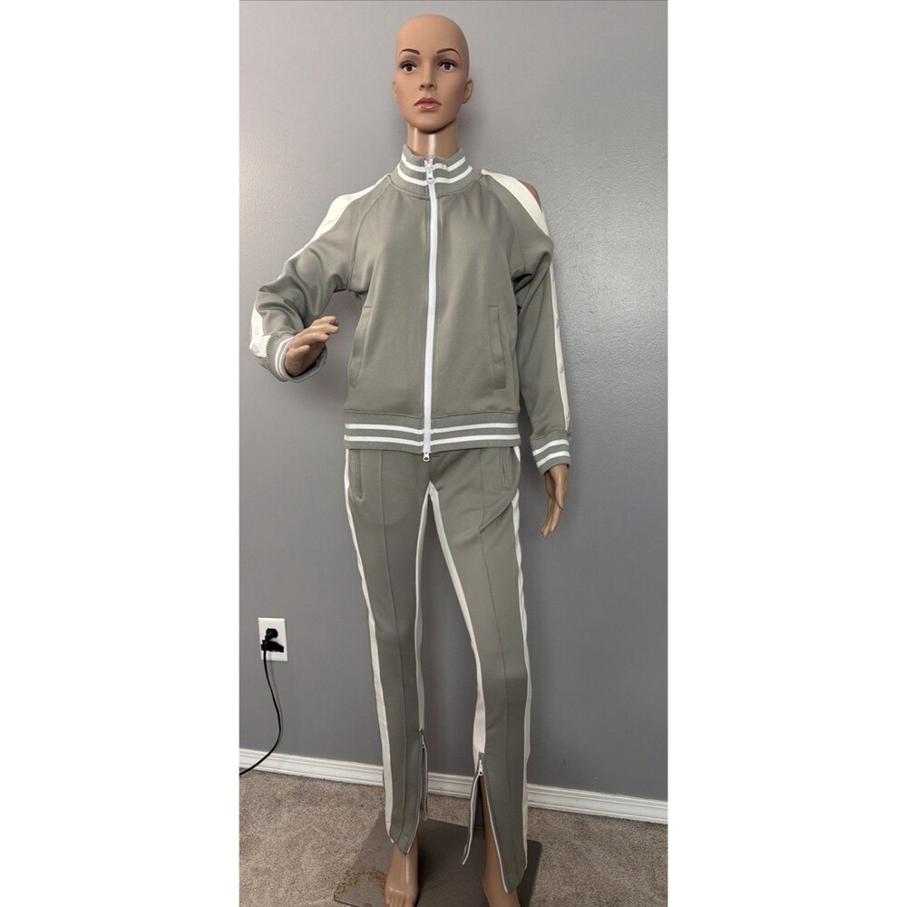 The Set Cold Shoulder Jacket W/Pants Grey/White Active Wear 2 Pc Track Suit Sz S